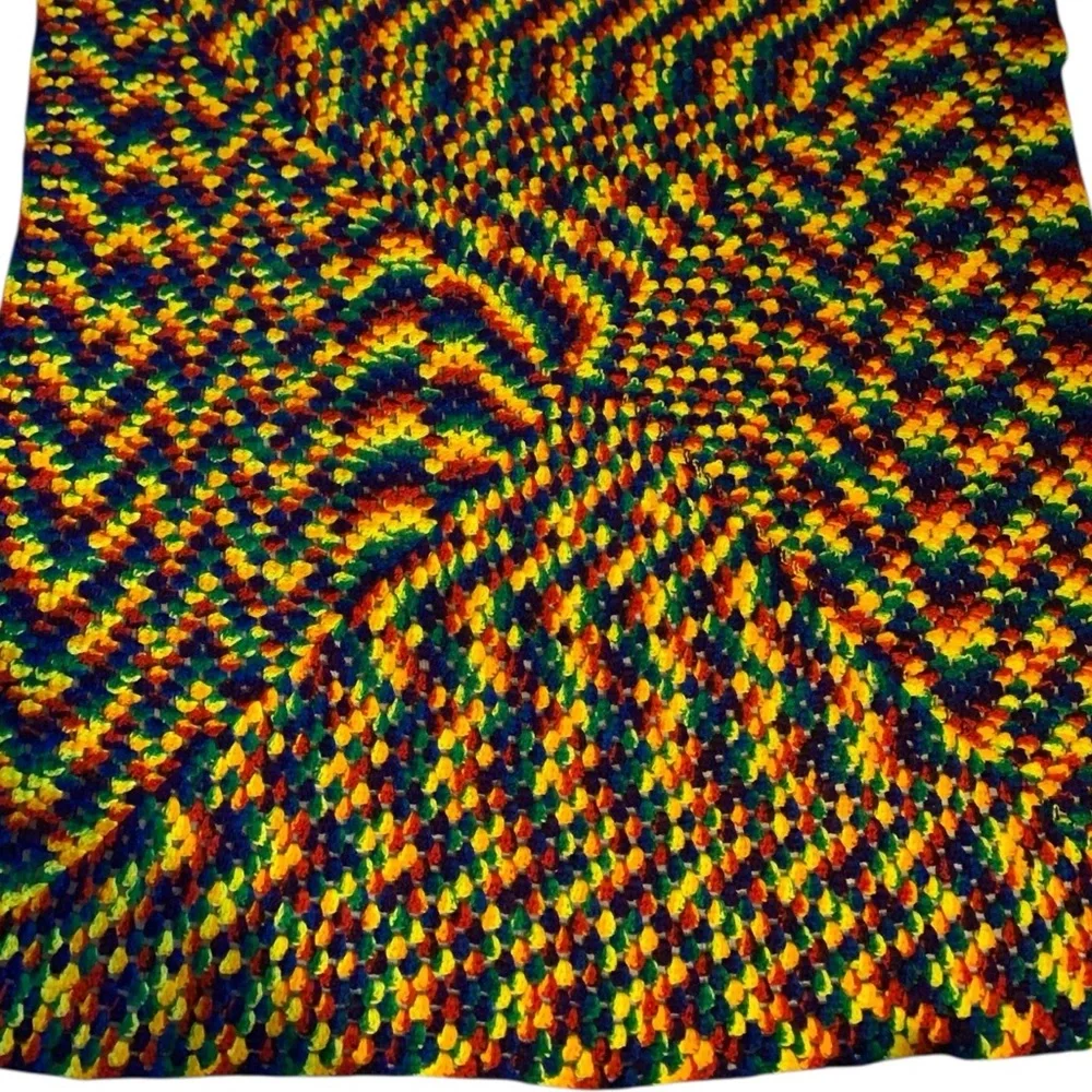 Hand Made Crochet Afghan Throw Blanket Granny fun rainbow pattern Sz 60”x60”